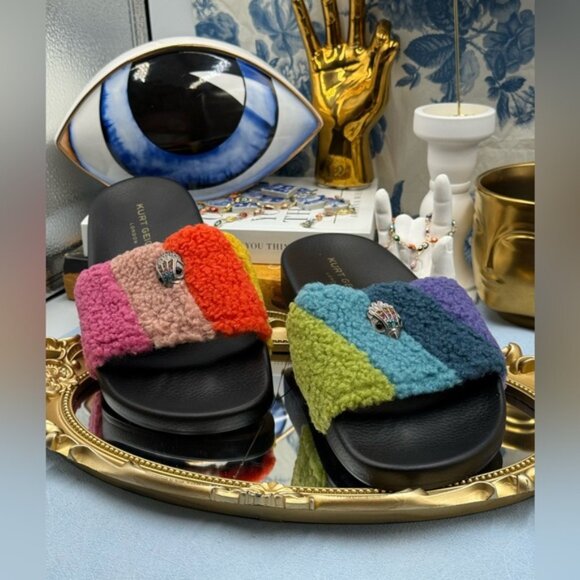 🆕 KURT GEIGER LONDON 🧿 NWOB Meena Teddy Slide, Rainbow Sherpa - Sz 38.5 US 8 - Picture 5 of 13